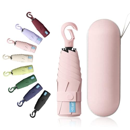 Detontek 6 Ribs Mini Travel Umbrella, Mini Folding Umbrella, Small Umbrella, Pocket Umbrella, Umbrella With Buckle Handle, Dual Purpose, With Storage Box (Pink)