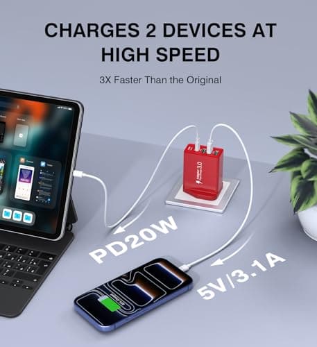 60W USB C Charger Block, 5-Port USB C Plug Fast Charger,2 Ports PD Power Adapter+3 Ports QC Mains Wall Charger,Multiport UK Type C Charging Plug for iPhone 17/16/15/14/13/12 Pro Max,iPad,Samsung-Red — view 3