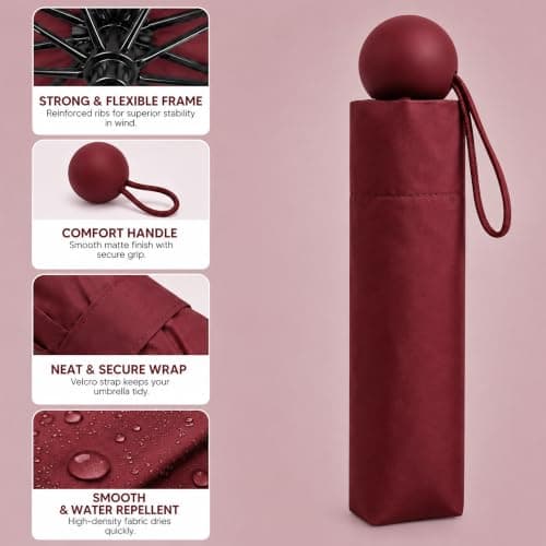 ONE BEST DEAL OBD Maroon Mini Compact Folding Umbrella Lightweight Portable Travel Rain Umbrella with Carry Strap and Storage Sleeve Small Pocket Umbrella for Handbag Backpack Women and Men — view 3
