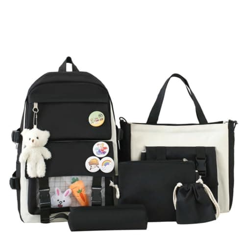 5 in 1 Backpack Set for Teen Girls, Large Capacity Water Resistant School Rucksack with Tote Tutoring Bags Crossbody Bag, Pencil Case, Bear Pendant & Cartoon Badge Accessories, Casual Travel Daypack