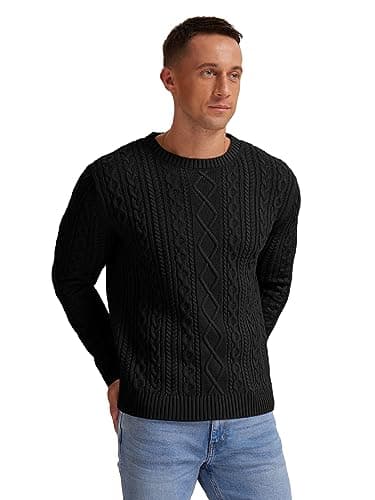 Hisir Men's Cable Knit Jumper, Thick Warm Crew Neck Winter, Black, M — view 3