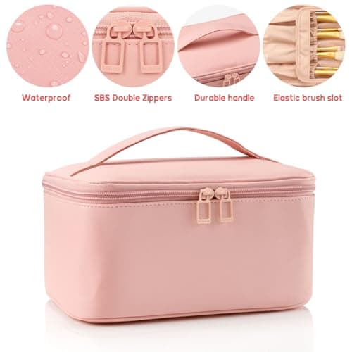 Travel Makeup Bag Portable Cosmetic Bag with Makeup Brushes Organiser Pink — view 3