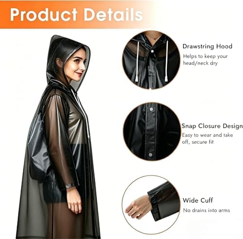 JXJIUA Rain Poncho Raincoats for Adults Men/Women, 2 Pack Reusable Rain Jacket Rainwear with Hoods and Sleeves, Waterproof for Emergency, Outdoors, Camping (Black) — view 3