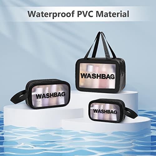 Aucuu 3PCS Clear Toiletry Bag, Wash Bag, Clear PU Makeup Bags, Waterproof Toiletry Travel Bags with Zipper Handle, Portable Airport Cosmetic B-ag for Travel Bathroom Men Women (Black) — view 5