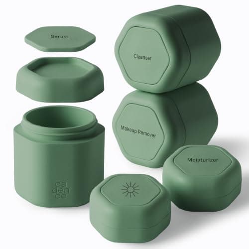 Cadence Travel Containers - Core Skincare Set - Magnetic Containers with Lids,2 Small (0.56oz) & 3 Medium (1.32oz) - Cleanser, Moisturizer, Serum, Makeup Remover & Sun Icon Labels - Eucalyptus