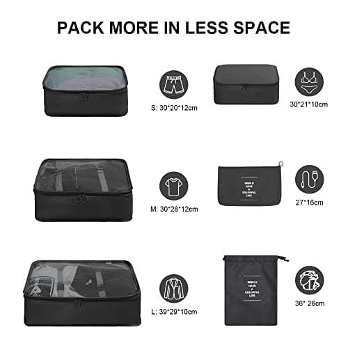 OSDUE Packing Cubes for Suitcases, 6 PCS Travel Luggage Packing Organizers Waterproof Travel Essentials Bag Accessories, Clothes Cosmetics Toiletries Storage Bags, Black — view 2