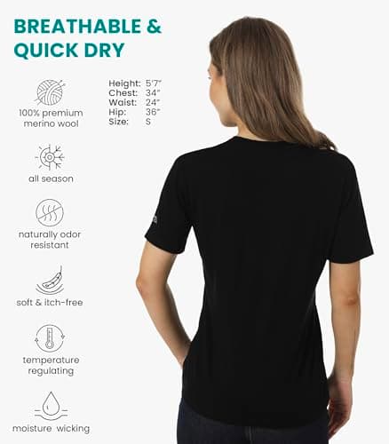 100% Merino Wool T Shirt Women - Merino Wool Base Layer Womens + Socks (Large, Black) — view 2