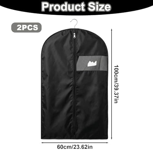 2 Pack Suit Bag, 100 x 60 cm Waterproof and Dustproof Suit Covers for Hanging Clothes, Foldable and Reusable Garment Bag with Clear Window Black Zipper for Coats, Jackets, Dresses — view 3