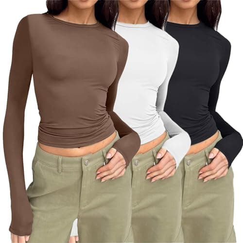 OYIWINMI 3 Pack Womens Long Sleeve Basic Tops Crew Neck Thermal Shirts Stretch Fitted Underscrubs Layer Tee XXS-L