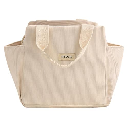 LoNinLoAn Corduroy Lunch Bag for Women, Large Insulated Food Tote, 13.5L