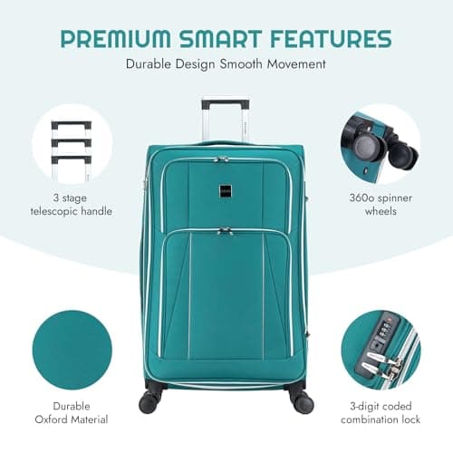 Skylark Large 29” Lightweight Softshell Expandable Suitcase, Integrated Combination Lock, 4 Wheels Check in Luggage for 23kg (Oil Green, 112 litres) — view 3