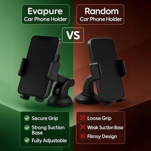 Evapure Universal Car Phone Holder Mount, Military-Grade Cradle For Dashboard, Windscreen & Air Vent, Strong Suction, Anti-Shake, One-Hand Use, Dark Black — view 6