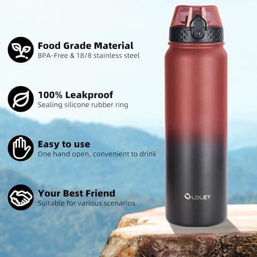 OLDLEY Stainless Steel Water Bottle with Straw 1L Vaccum Insulated Large Drink Flask Metal Water Bottles 1 Litre Leakproof Keep Drinks Hot Cold for Sports Gym Travel Adult Women Men(Red Black, 1 Lid) — view 5