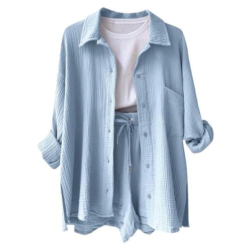 Two Piece Outfit Women Summer Co Ord Sets Cotton Linen Short Sleeve Button Down Sports Shorts with Pockets Casual Tracksuit Tunic Drawstring Sweatpants Travel Going Out Outfits Light Blue — view 5