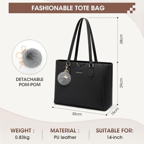 RAINSMORE Handbag for Women Large Tote Bags for Women Waterproof PU Leather Ladies laptop Tote handbag with Removable pom-pom for Work Business School Black — view 3