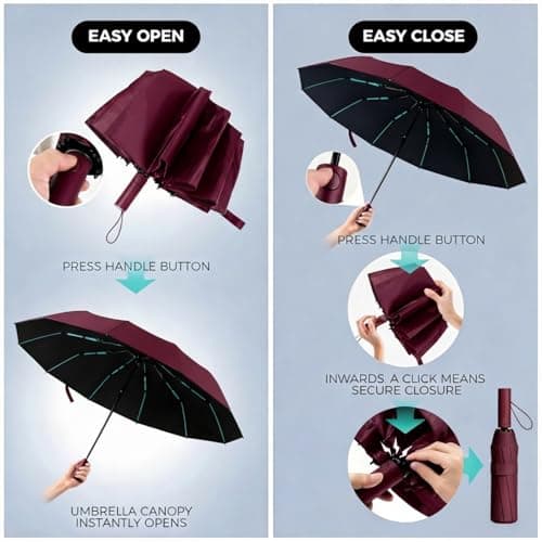 NAYEZH ﻿ Umbrella Windproof Travel Umbrella for Rain, Auto Open Close, 12 Ribs 3+2 Fiberglass Frame, Durable Compact Portable Umbrella for Daily Use (Burgundy) ﻿ — view 5