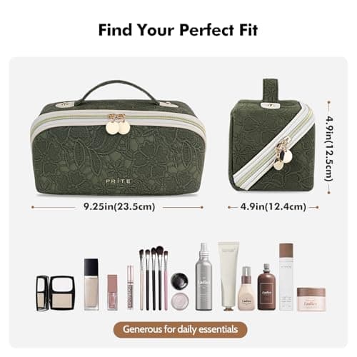 Prite Travel Makeup Bag Flat Lay Cosmetic Case with Brush Pocket, Green, M — view 3