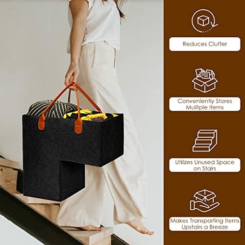 Keyohome Foldable L-shape Stair Basket Organiser, Large Stair Storage Organizer, Large Stair Tidy Basket Storage, Felt Stair Storage Bag with Faux Leather Handles for Laundry Toys Household (Black) — view 5