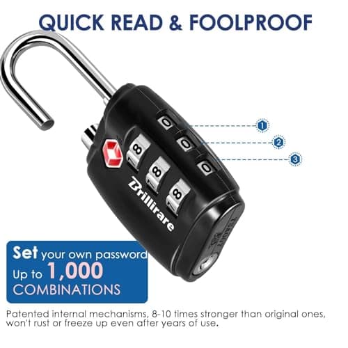 Brillirare TSA Approved Luggage Locks, Combination Travel Padlock, Zinc Alloy 3-Digit Waterproof Lock, TSA Accepted Outdoor Keyless Resettable for Lockers, Bags, Backpack, Gym, Gate-Black — view 4