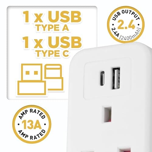 Status UK to EU Travel Adaptor, USB-A & USB-C Ports, White — view 5