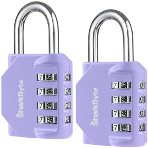 SharkByte 2 Pack Heavy Duty Combination Padlocks – 4-Digit Weatherproof Outdoor Lock, Keyless Resettable Lock for Gym, School, Locker, Shed, Toolbox, Storage & Site Use - Purple