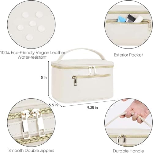 Travel Makeup Bag, Large PU Leather Cosmetic Case with Brush Compartment, Milky White — view 5