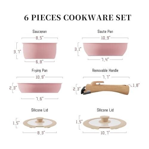 ShanSon 6 Pieces Kitchen Non-Stick Cookware Sets with Removable Handle, Stackable Pots and Pans Set Nonstick for Induction Gas RVs Camping Space Saving，Pink — view 2