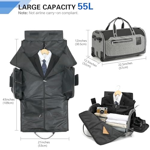 TONRUYN Rolling Garment Bag for Travel Suit Bag with Wheels Handle 55L Carry on Garment Duffle with Shoe Compartment for Men Women 3 in 1 Trolley Convertible Suit Carrier for Business Wedding, Grey — view 4