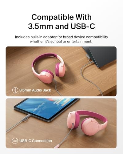 Belkin SoundForm Mini Kids Wired Headphones with USB-C to 3.5mm Dongle, Built-in Mic & Fun Stickers, 85dB Max Volume – for Online Learning, Travel, Compatible with iPhone, iPad, Galaxy, etc - Pink — view 3