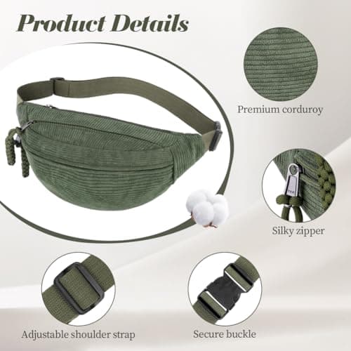 Aucuu Corduroy Waist Bag, Corduroy Bumbag, Women's Shoulder Bag, Belt Bags, Fashion Sports Chest Bags with Adjustable Shoulder Straps, Waist Pack for Daily Use, Outdoor Sports, Hiking, Travel（Green） — view 3