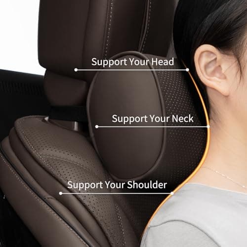 Dapucarin Car Headrest Pillow for Driving - Luxury Leather 100% Memory Foam, Ergonomic Neck Support - Universal Fit Head Rest Travel Pillow for Most Cars, Home & Office, Brown, 1 Pack — view 2
