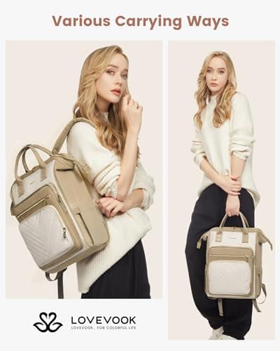 LOVEVOOK Laptop Backpack Womens, 15.6 inch Laptop Rucksack Bag for Women, Large Ladies Backpacks Waterproof School Bags with USB Port, Fashion Daypacks for Work Travel Teacher Nurse, Khaki Beige — view 2
