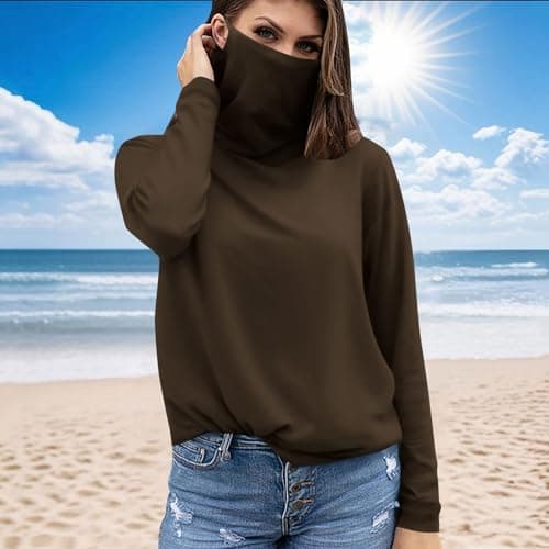 Slxbear Brown Rash Guard for Women with Face Mask, Outdoor UPF Sun Protection Shirts, Breathable Long Sleeve Shirt Hiking Workout Tops, Active Athletic Comfy Skinny Travel Clothing S — view 2