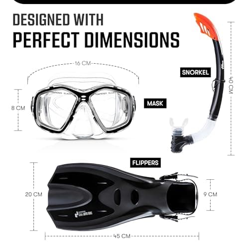 Two Bare Feet Snorkel, Mask and Fins/Flippers PVC Snorkelling Set (Adults) With Anti Fog and Wide View Mask, Anti-Leak, Tempered Glass - Scuba Dive Snorkelling Sets (L/XL (UK9-13), Black) — view 5