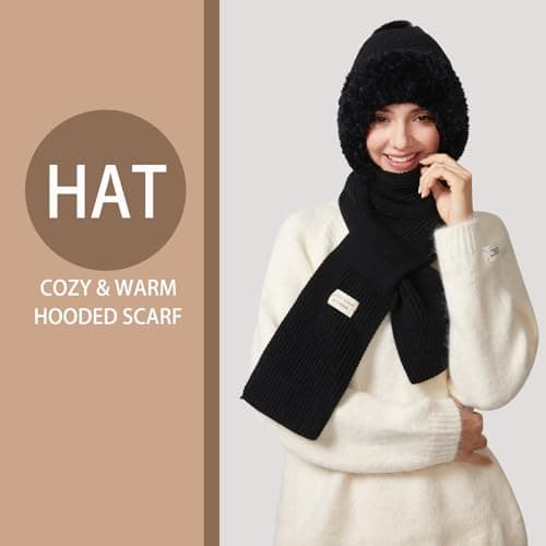 TAGVO Winter Slouch Knit Hat & Scarf Women, Multifunction Thermal Elastic Wooly Snood Hood Beanie Hat in Soft Fleece with Hairball, 2 in 1 Windproof Full Face Mask Neck Warmer Protection For Ladies — view 2