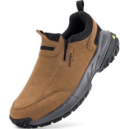 FitVille Men's Extra Wide Hiking Shoes,Slip On Trainers Outdoor Trekking Walking Shoes for Swollen Feet Khaki Tan 10 UK Wide