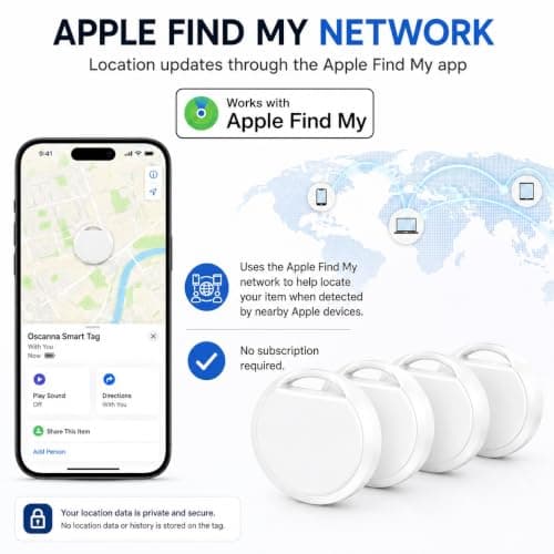 Oscanna Smart Tag 4 Pack for Apple Find My, Bluetooth Item Trackers for Keys, Wallets, Bags and Luggage, Replaceable CR2032 Battery, White — view 5