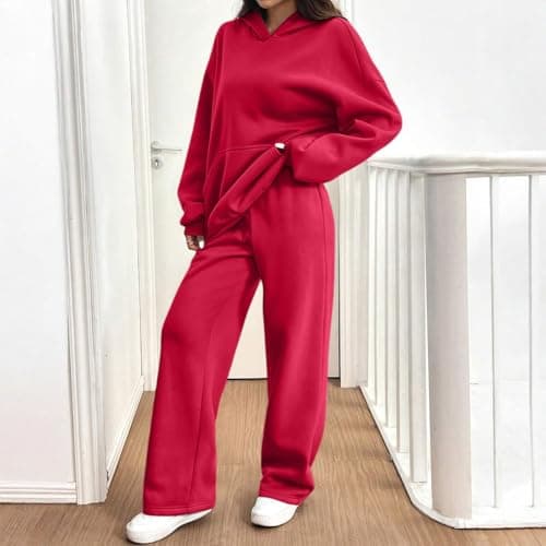 Tracksuit Womens Full Set Oversized 2 Piece Outfits Long Sleeve Hoodie and Sweatpants Women Lounge Wear Sets Fashion Sweatsuits Wide Leg Jogger Loose Loungewear Gym Fitness Activewear Set Red S — view 2
