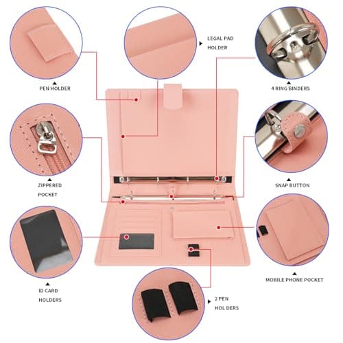 Wonderpool A4 PU Leather 4 Ring Holder Writing Portfolio Multi Document Case with Removable Binder Clipboard and Functional Pocket for Organizer Office Travel School (Pink) — view 2