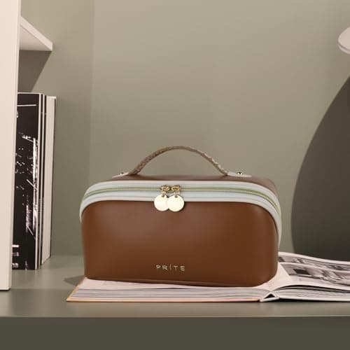 Prite Travel Makeup Bag Flat Lay Cosmetic Case with Brush Pocket, Brown, M — view 6