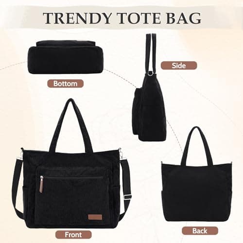Kasgo Corduroy Tote Bag for Women, XXL 15.6" Laptop Work College Bag, Black — view 6