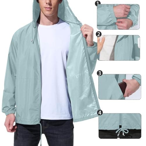 Waterproof Jacket Men Lightweight Packable Raincoat With Pockets Breathable Windproof Rain Coat Casual Softshell Hiking Cycling Outdoor Clothes Mint Green M — view 5