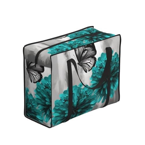 Heavy Duty Storage Tote With Zippers, Waterproof Large Moving Bags For Space Saving Gray Teal Flower Butterfly Storage Bags For Clothes, Bedding, Laundry & Home Organization