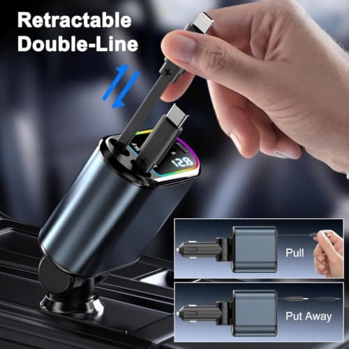120W Retractable Car Charger Fast Charge, 4 in 1 Car Charger Adapter with Retractable Cables and Voltage Display 12V Car USB Adapter Cigarette Lighter USB Charger Compatible with i Phone, Android, etc — view 6