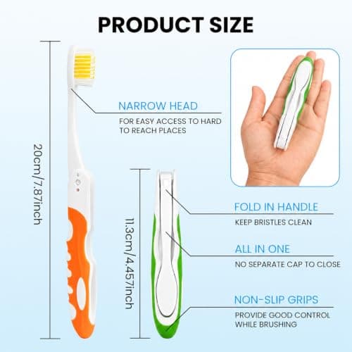 2Pcs Folding Toothbrush, Portable Travel Toothbrush Set, Lightweight Soft Tooth Brush for Travel, Camping, Hiking, Office (Green & Orange) — view 3