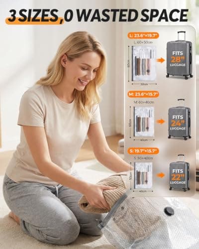 Vacuum Storage Bags for Travel with Wireless Electric Pump, 12 Pack 3-Size Travel Vacuum Bags with Pump Rechargeable, Fast Compression Portable Vacuum Packing Cubes, 80%Luggage Space Saver for Clothes — view 6