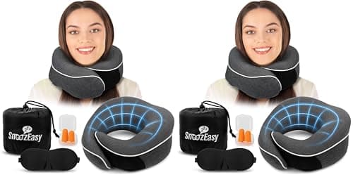 SnoozEasy™ Travel Pillow for Adults | Memory Foam 360 Degree Neck Support with Removable Pillow Case | Includes Travel Bag, Eye Mask and Ear Plugs | Dark Grey | UK Brand (Pack of 2)