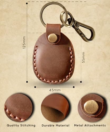 Genuine Leather AirTag Keyring Holder Compatible with Apple AirTags Keychain, Anti Lost Anti Scratch Secure Key Ring Case for Pet Collar Luggage Travel, Full Cover Protective Air Tags Key Chain, Brown — view 2