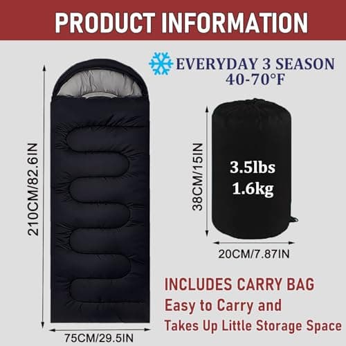 Sleeping Bags for Adults & Kids Sleeping Bag for 3-4 Season, Adult Blanket, Ultralight Carry Bag, Lightweight Compact, Soft for Outdoor Camping, Travel, Hiking (Black Plush Comfort 0-18°C) — view 2