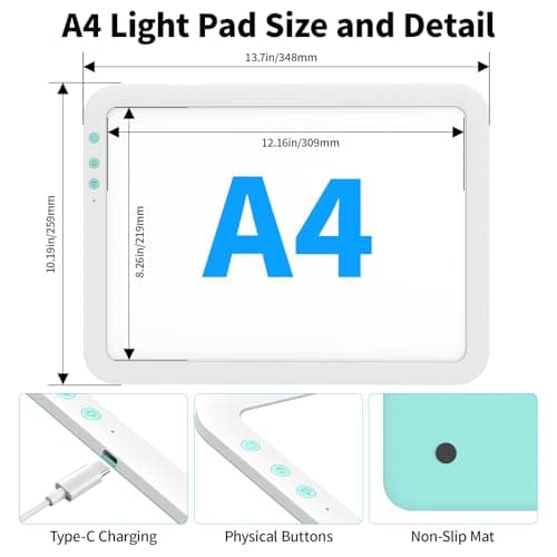 TOHETO A4 Rechargeable Led Super Bright Light Pad Powered by 3500mAh Lithium Battery for Weeding Vinyl Tool, Portable Wireless Light Board/Box for Tracing, Diamond Painting, Sketching & Drawing — view 3